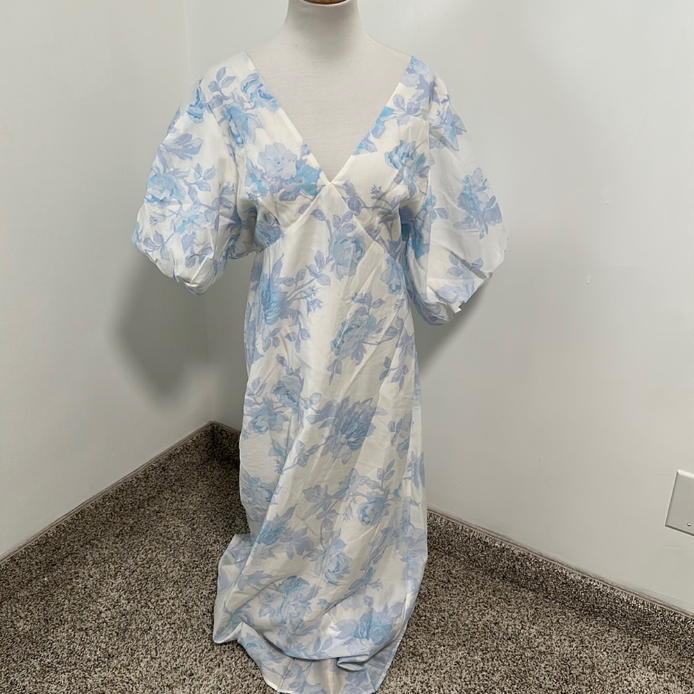 H&M White Maxi Dress with Light Blue Floral Print